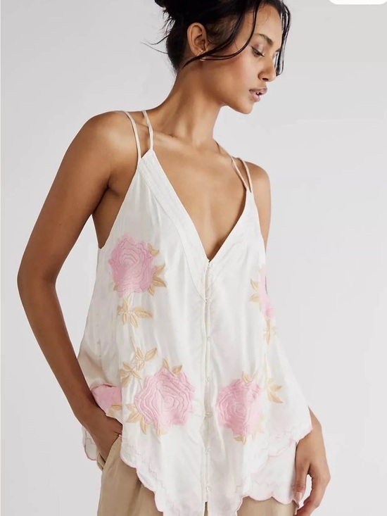 Free People Tops - Free People White Floral Embroidered Cami with Pink Roses